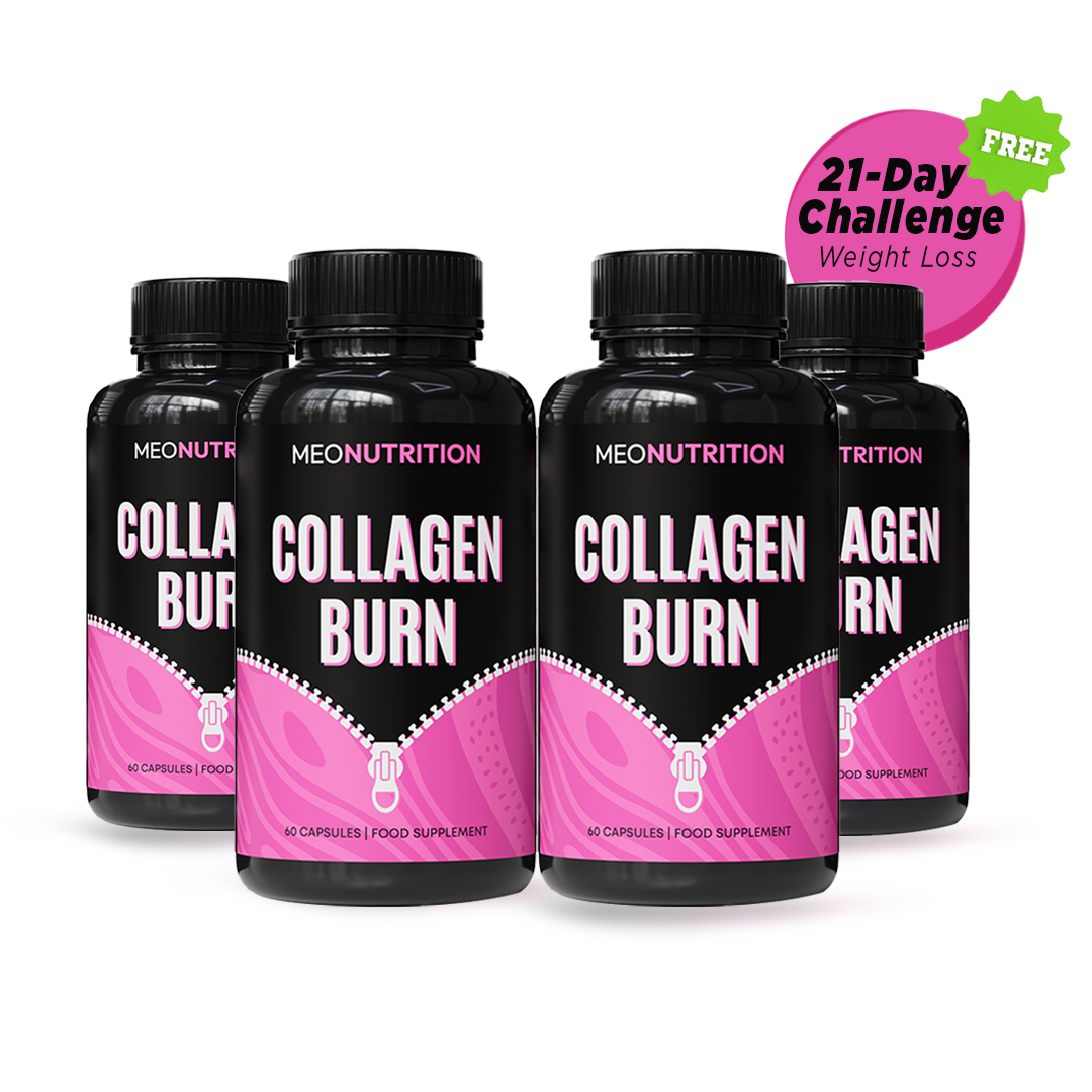 Four bottles of MEONUTRITION Collagen Burn supplement with a pink label on a white background.