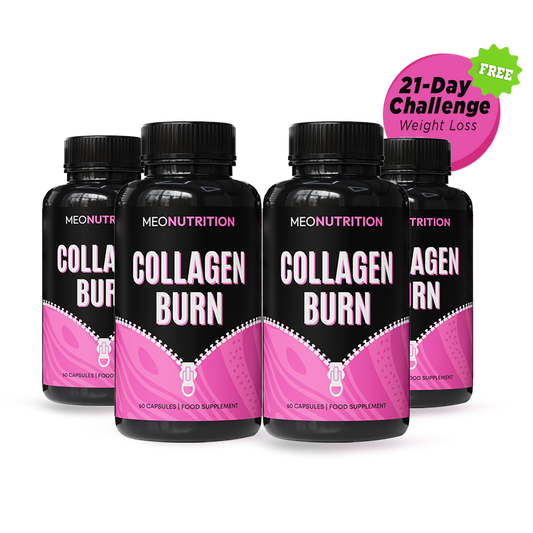 Four bottles of MEONUTRITION Collagen Burn supplement with a pink label on a white background.