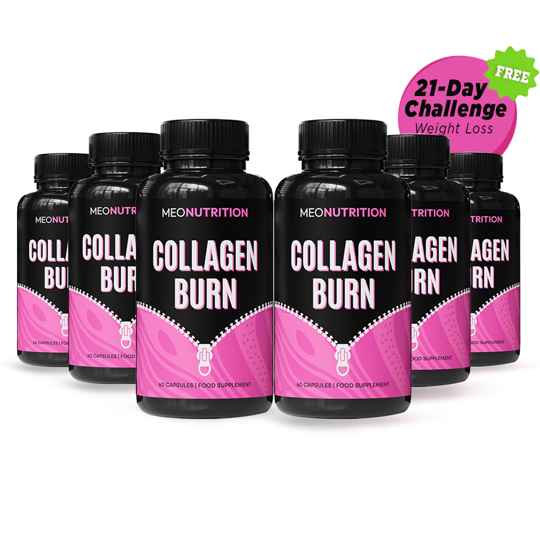 Multiple bottles of MEONUTRITION Collagen Burn supplement on a white background with a '21-Day Challenge' label.