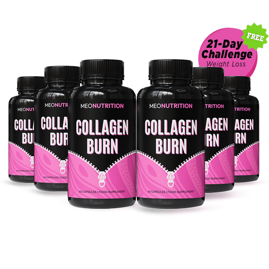 Multiple bottles of MEONUTRITION Collagen Burn supplement on a white background with a '21-Day Challenge' label.
