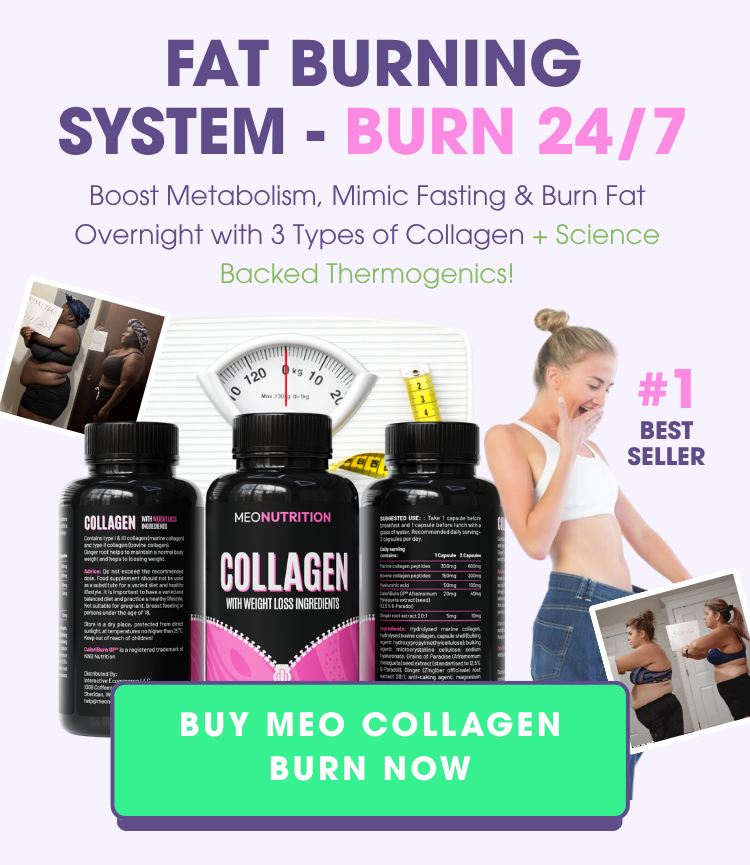 Advertisement for a fat burning system with collagen supplements and before-and-after images.